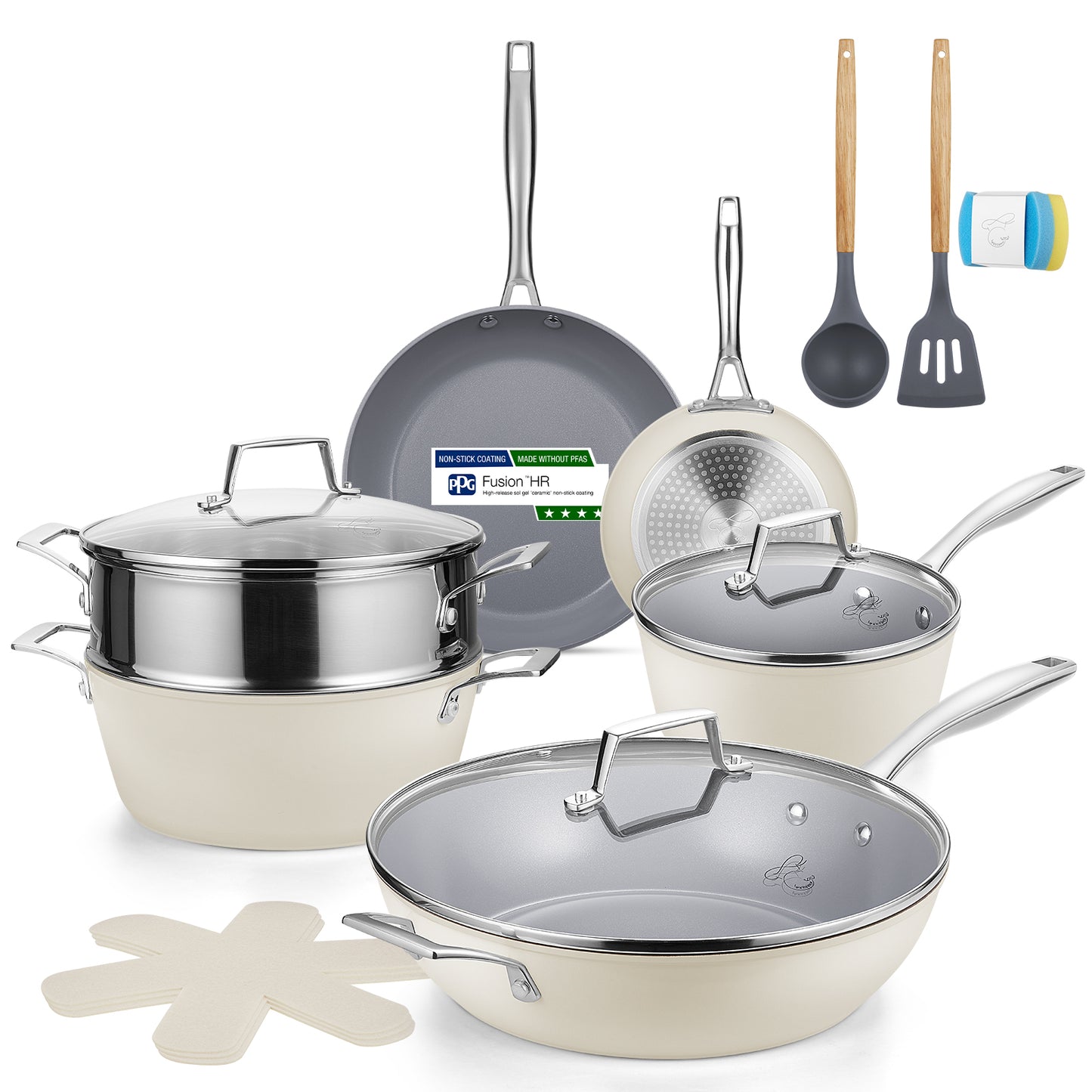 PekGema Ceramic Cookware Set Nonstick, 16 Pcs Pots and Pans Set Non Toxic, Oven Safe, Induction Cookware, Cooking Set with Steamer, PPG Ceramic PFAS PTFE PFOA FREE, White
