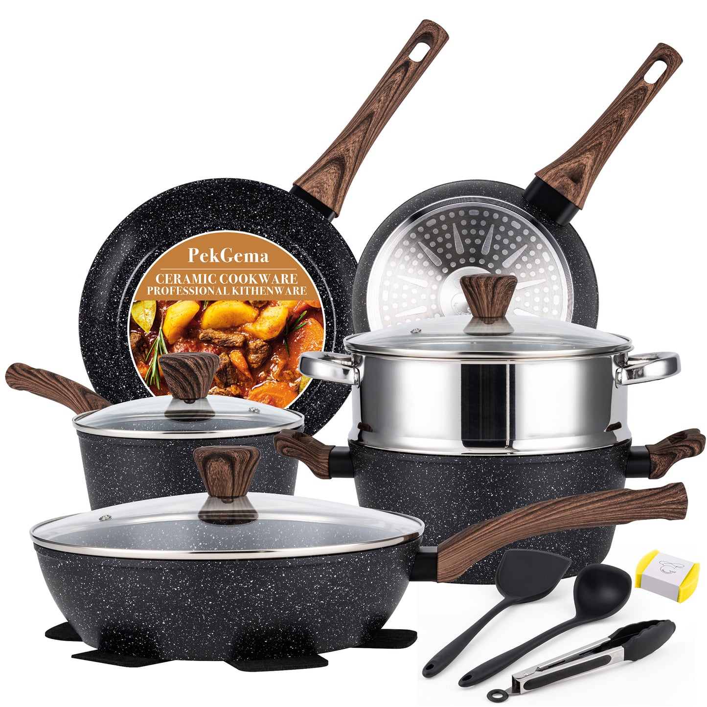 PekGema 14 Pcs Ceramic Cookware Sets, Pots and Pans Set Nonstick, Non Toxic Healthy Non stick Kitchen Cooking Set, Induction Cookware with Frying Pan Set, PFAS PTFE PFOA FREE, Black