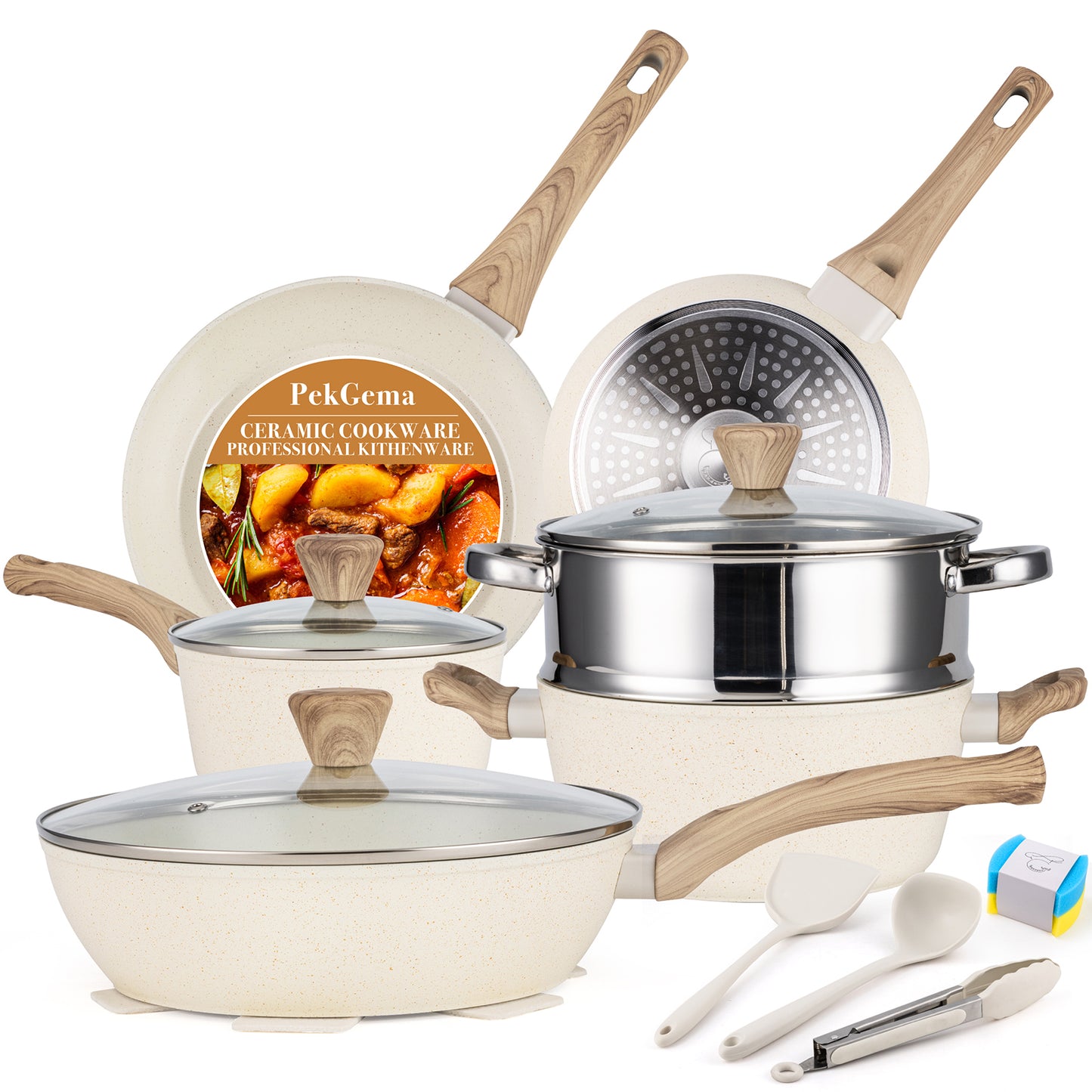 PekGema 14 Pcs Ceramic Cookware Sets, Pots and Pans Set Nonstick, Non Toxic Healthy Non stick Kitchen Cooking Set, Induction Cookware with Frying Pan Set, PFAS PTFE PFOA FREE, White