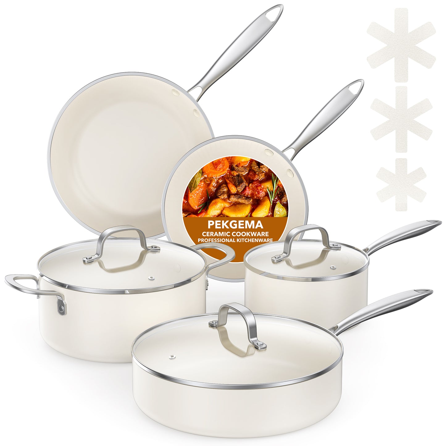 PekGema Ceramic Pots and Pans Set, 11 Pcs Cookware Set Non Toxic, Nonstick Kitchen Cookware, Oven Safe Cooking Pan Set, PFAS PTFE PFOA FREE, Cream White