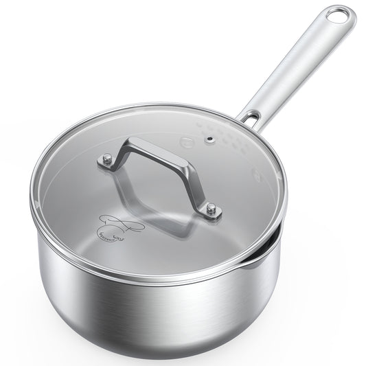 PekGema Stainless Steel Saucepan 3.5 Quart with Glass Strainer Lid, Thicken Tri-ply Full Sauce Pot, Two Side Spouts for Easy Pour, Dishwasher Safe, Induction Ready, Compatible with All Cooktops