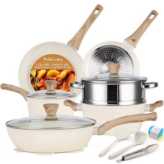 PekGema 14 Pcs Ceramic Cookware Sets, Pots and Pans Set Nonstick, Non Toxic Healthy Non stick Kitchen Cooking Set, Induction Cookware with Frying Pan Set, PFAS PTFE PFOA FREE, White