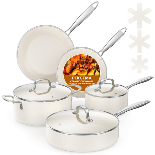 PekGema Ceramic Pots and Pans Set, 11 Pcs Cookware Set Non Toxic, Nonstick Kitchen Cookware, Oven Safe Cooking Pan Set, PFAS PTFE PFOA FREE, Cream White