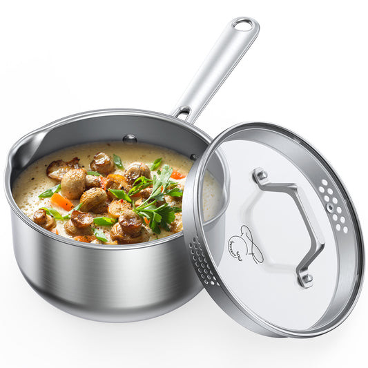 PekGema Stainless Steel Saucepan 2.5 Quart with Glass Strainer Lid, Thicken Tri-ply Full Sauce Pot, Two Side Spouts for Easy Pour, Dishwasher Safe, Induction Ready, Compatible with All Cooktops