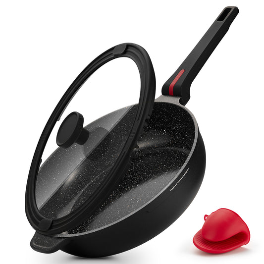 PekGema Nonstick Deep Frying Pan Skillet, Ceramic 12 Inch/4.5 Quart Saute Pan With Lid, Induction Pan, Healthy Non Toxic Cooking Pan With Helper Handle, PFOA PTFE FREE, Black